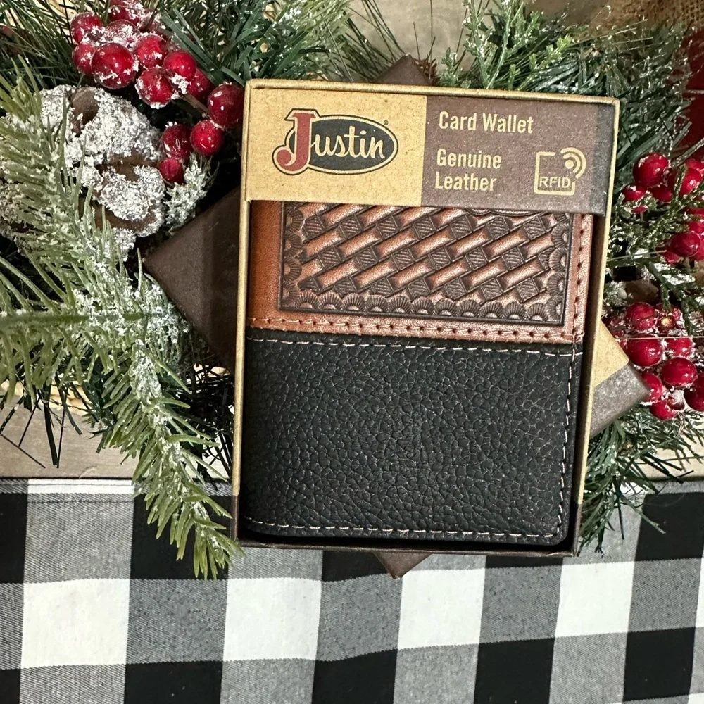 New Justin Boots Mens Leather Wallet Bi Fold Basketweave Card Wallet Brown Black